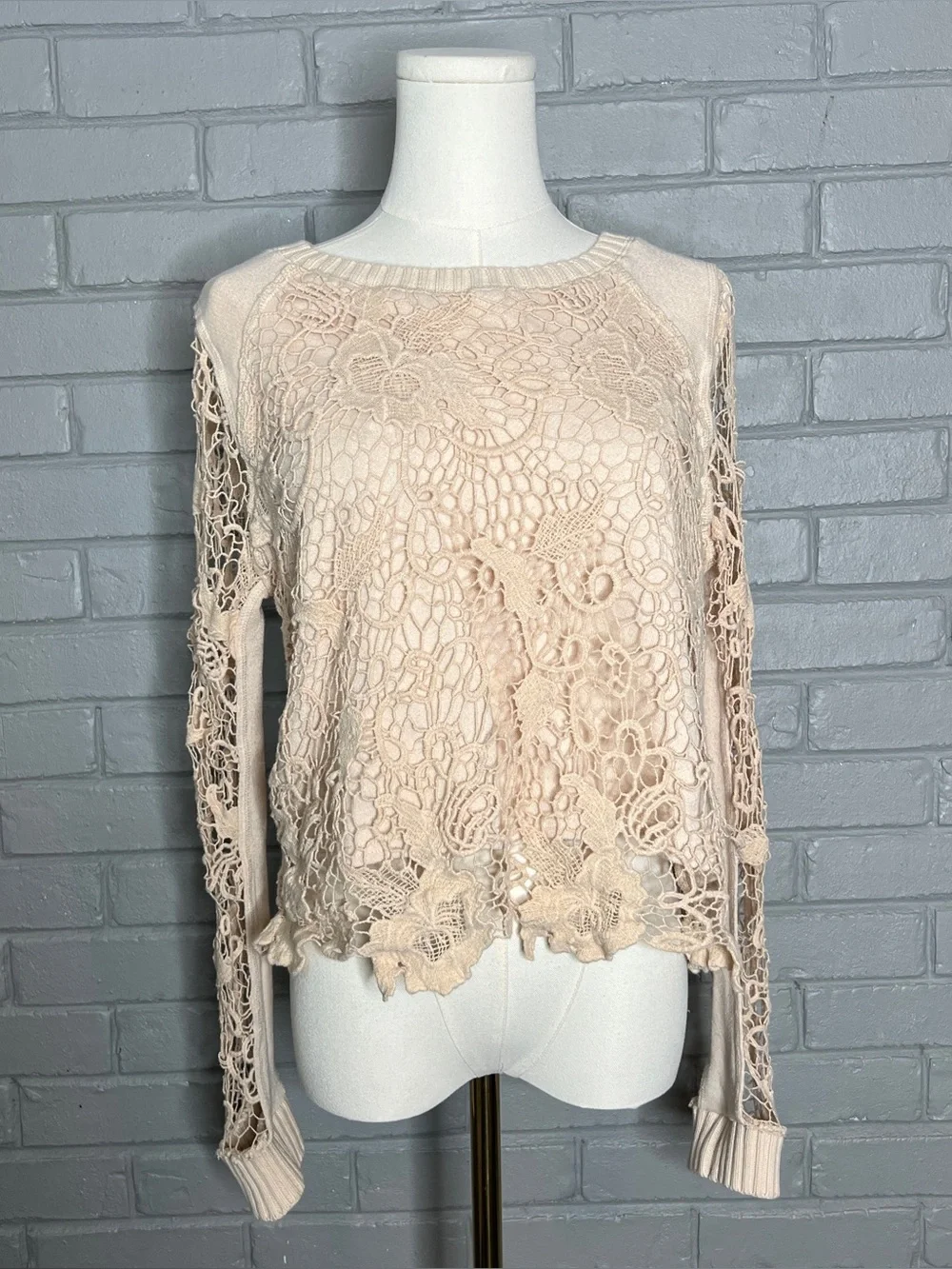Free People Pretty Rad Champagne Crochet Open Back Lace Long-Sleeve Top - XS
